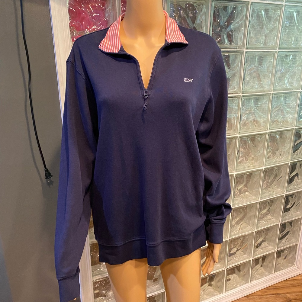 Vineyard Vines Navy Pullover with Pink Stripe Collar